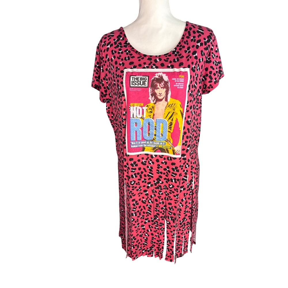 Hot Pink Leopard Rod Stewart Rock Band Fringe T-Shirt/ Dress Cut-Back Ladies L